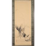 Japanese school painted scroll depicting a scholar riding on an oxen, within a mountainous