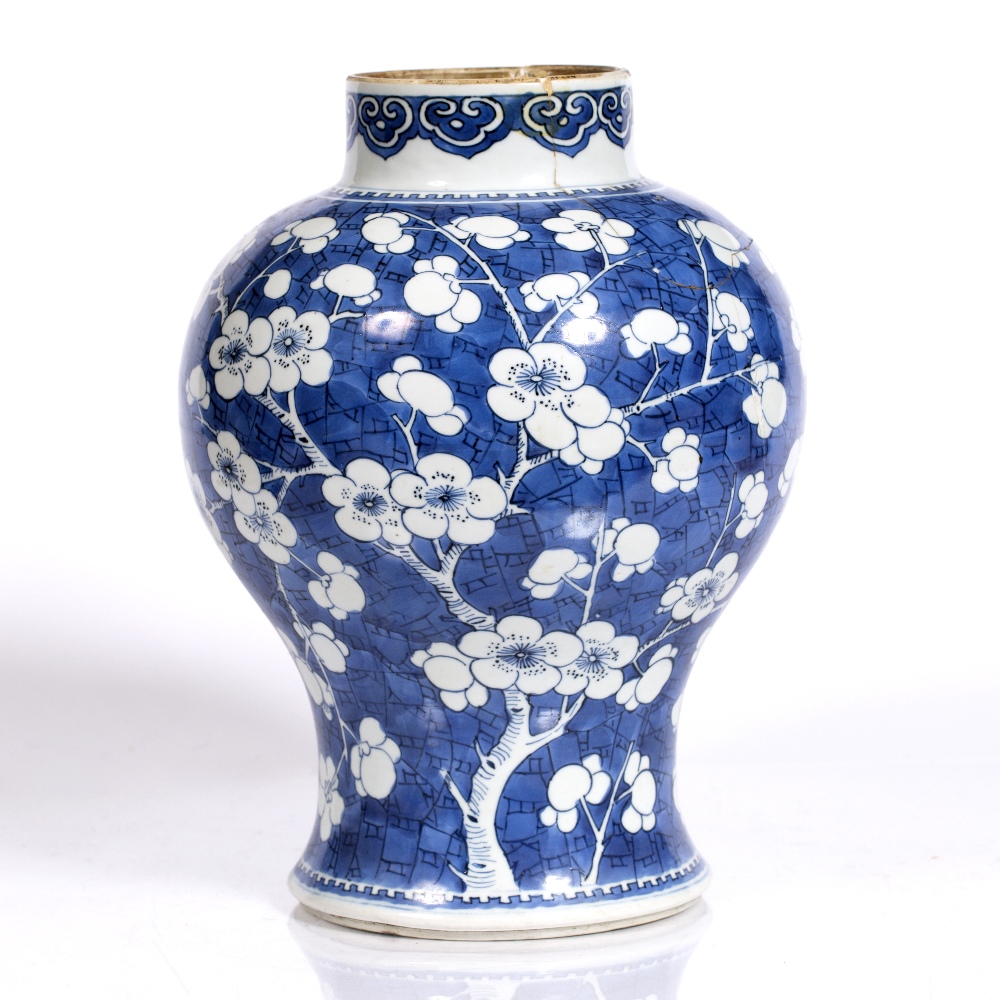 A Chinese blue and white vase Kangxi (1662-1722) with ruyi border and decorated with prunus, 36cm