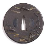 A Japanese bronze tsuba turtle and scenery, 8.2cm