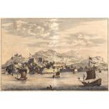 A set of five engravings of Chinese views 18th Century coloured double plates, 28cm x 24,5cm