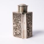 A Chinese white metal tea canister late 19th Century with panels of bamboo and scholars, Chinese