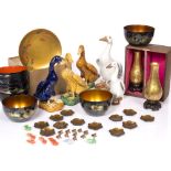 A collection of Chinese lacquer pieces various Chinese model ducks and other items