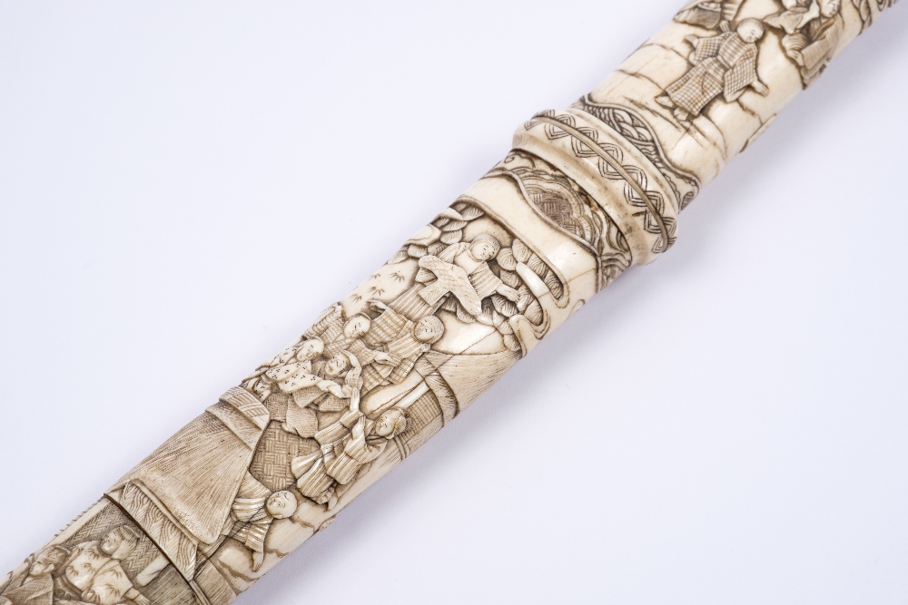 A Japanese ivory dagger (tanto) late 19th Century carved with figures, geese and domestic scenes - Image 3 of 3