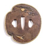 A Japanese bronze tsuba by Ryusui ni Aoi, bird, 8cm