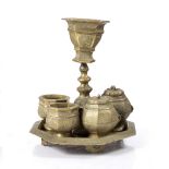 A Javanese brass betel nut set of hexagonal form with two lidded and two open containers, 27cm high