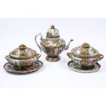 A Chinese Canton teapot circa 1880 22cm and two Chinese Canton tureens, covers and stands