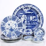 A Chinese blue and white charger 19th Century with garden and terrace scenes, 32cm, four blue and