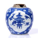 A Chinese blue and white porcelain ginger jar Kangxi (1662-1722) having a panel of auspicious