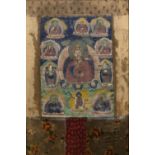 A Tibetan Thangka 19/20th Century Shakyamuri surrounded by smaller deities and gods, 48cm x 31cm (