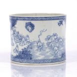 A Chinese blue and white brush pot 19th Century depicting a group of scholars in a garden setting,