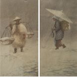 Takashi Nakayama 1893-1978 A pair of watercolour studies of peasants, signed, 33cm x 16.5cm