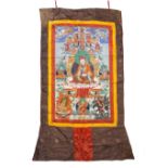 Two Tibetan Thangkas 20th Century one painted with Padmasambhava and his attendants, 89cm x 60cm and