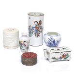 A Chinese porcelain brush pot and five other pieces including a cinnabar box and a brush washer