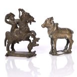 An Indian bronze equestrian figure 19th Century 12cm and one other Indian bronze model of a bull,