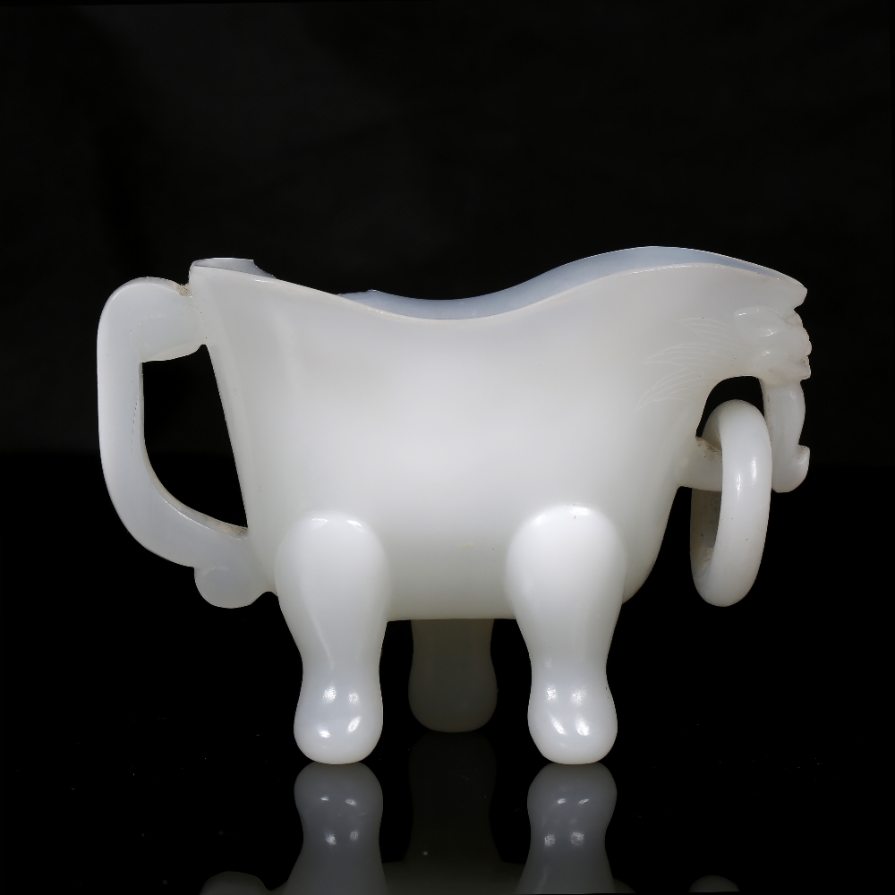 A Beijing opaline white glass libation cup 19th Century the flattened body on tripod feet with - Image 4 of 4