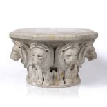 An Indian carved marble column capital 18/19th Century carved with eight lion heads, 26cm across x