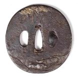 A Japanese iron tsuba thunder and bird, 7.5cm