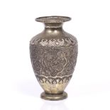 Silvered metal vase Indian, 19th Century with four engraved plaques with a floral theme 21cm high