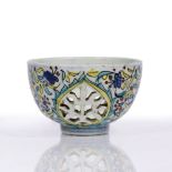 Kutahya bowl Turkish, 18th Century reticulated design, white ground painted in blue and yellow