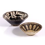 Pottery bowls 12th/13th Century, Persia simple stylized designs 21cm, and a similar bowl 19cm (2)