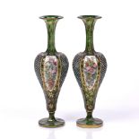 Pair of slender glass overlaid green vases Bohemian, 19th Century each with panels painted with