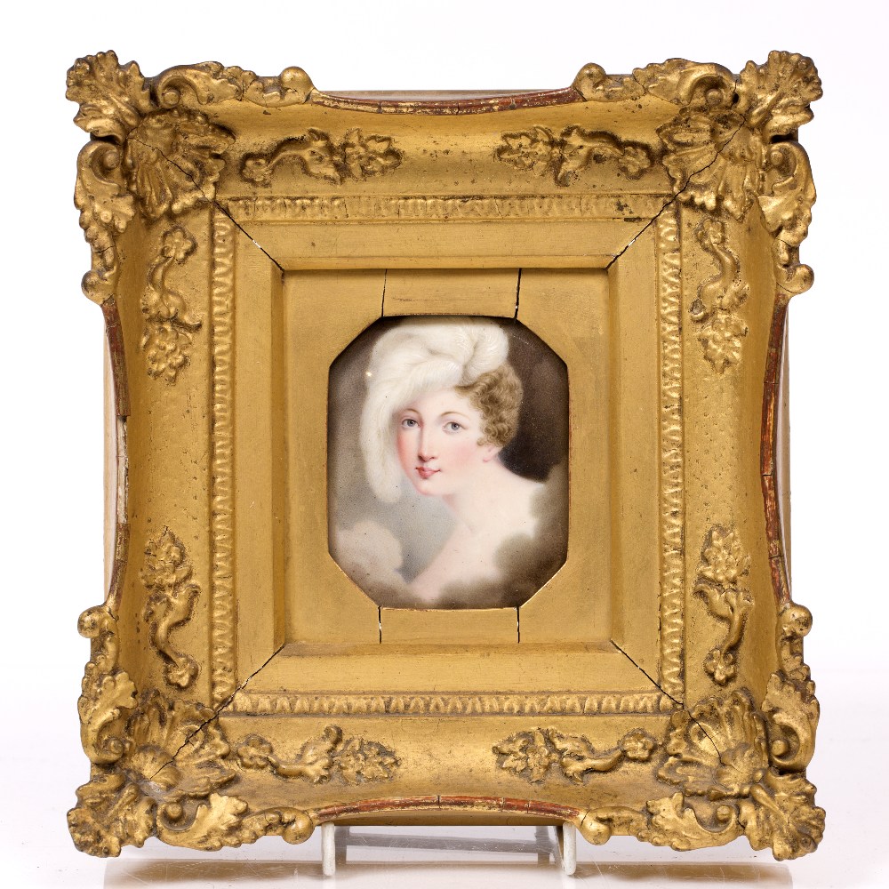 AN EARLY 19TH CENTURY MINIATURE MEMORIAL PORTRAIT of Princess Charlotte wearing Prince of Wales