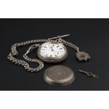 A SILVER OPEN FACE POCKET WATCH AND ALBERT CHAIN, the white enamel dial with Roman numerals and