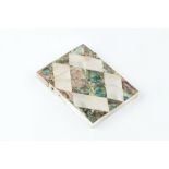 A 19TH CENTURY MOTHER OF PEARL AND ABALONE SHELL CARD CASE, with chequered lozenge design, 10.5cm