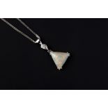 AN OPAL AND DIAMOND PENDANT ON CHAIN, the triangular cabochon opal in double claw setting,