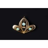 AN OPAL AND SEED PEARL BROOCH/PENDANT, the stylised openwork leaf-shaped panel highlighted with seed