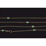 A GEM SET LONG CHAIN AND A PAIR OF EAR PENDANTS, the ropetwist-link long chain with conical green