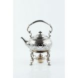 A VICTORIAN SCOTTISH SILVER TEA KETTLE AND STAND, repoussé decorated with repeated stylised