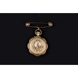 A LADY'S ENAMEL FOB WATCH, the circular white enamel dial with blue Roman numerals, gilt