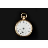 AN 18CT GOLD OPEN FACE POCKET WATCH, the white enamel dial with Roman numerals and subsidiary