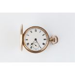 A 9CT GOLD HUNTER POCKET WATCH, the white enamel dial with Roman numerals, subsidiary seconds dial