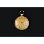 AN OPEN FACE POCKET WATCH AND LONG CHAIN, the floral engraved circular gilt dial with Roman numerals