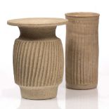 Katherine Pleydell-Bouverie (1895-1985) Two vases unglazed, reeded decoration impressed potter's