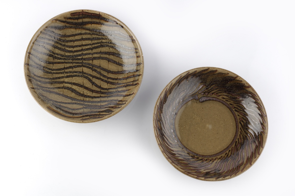 Edward Hughes (1953-2005) Pair of footed dishes with tenmoku decoration each impressed potter's seal