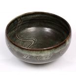 Ray Finch (1914-2012) Bowl green and white glaze, combed decoration impressed potter's seal 21.9cm