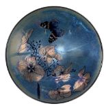 Jonathan Chiswell Jones (b.1944) 'Butterfly and Hydrangea' bowl on blue lustre ground painted