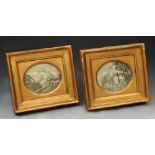 A PAIR OF GEORGIAN OVAL HAIR WORK PICTURES of lambs and shepherdess, 8.5 x 10.5cm (2)