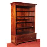 A LARGE MAHOGANY OPEN BOOKCASE, the adjustable shelves over two short drawers, on bracket feet,