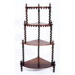 A VICTORIAN MAHOGANY CORNER WHATNOT, four tiers with barley twist supports, 113cm high