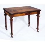 A 19TH CENTURY FRENCH FIGURED WALNUT RECTANGULAR FOLD OVER CARD TABLE having a green baize playing