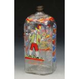 AN 18TH CENTURY BOHEMIAN SPIRIT FLASK, of faceted rectangular form, painted with a pipe smoker and