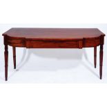 A GEORGE III MAHOGANY HALL TABLE with shaped front and crossbanded top, fitted one long central