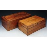 TWO WRITING SLOPES, mahogany and brass bound with fitted interior and hinged rising lid. the other