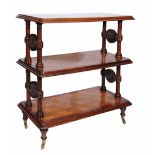 A VICTORIAN HOWARD STYLE OAK GRADUATED THREE TIER BUFFET with geometric parquetry designs, ring