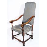 AN ANTIQUE, 17TH CENTURY STYLE, WALNUT FRAME HIGH BACK ELBOW CHAIR with scroll carved arms and on