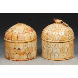 TWO LATE 19TH CENTURY IVORY VENEERED CIRCULAR BOXES, with domed covers, formed of geometric and